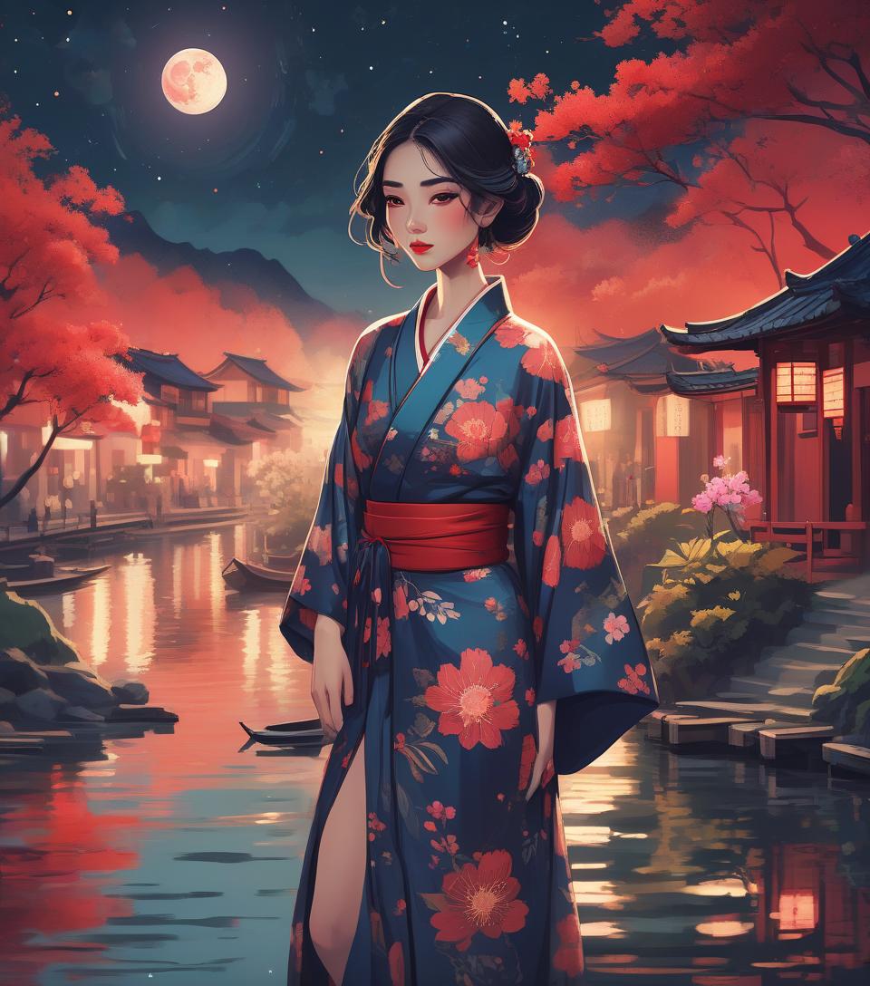  concept art a stylized illustration of a woman in a floral kimono by a waterway, with a traditional village and night sky with stars and a red moon in the background , comic style . digital artwork, illustrative, painterly, matte painting, highly detailed