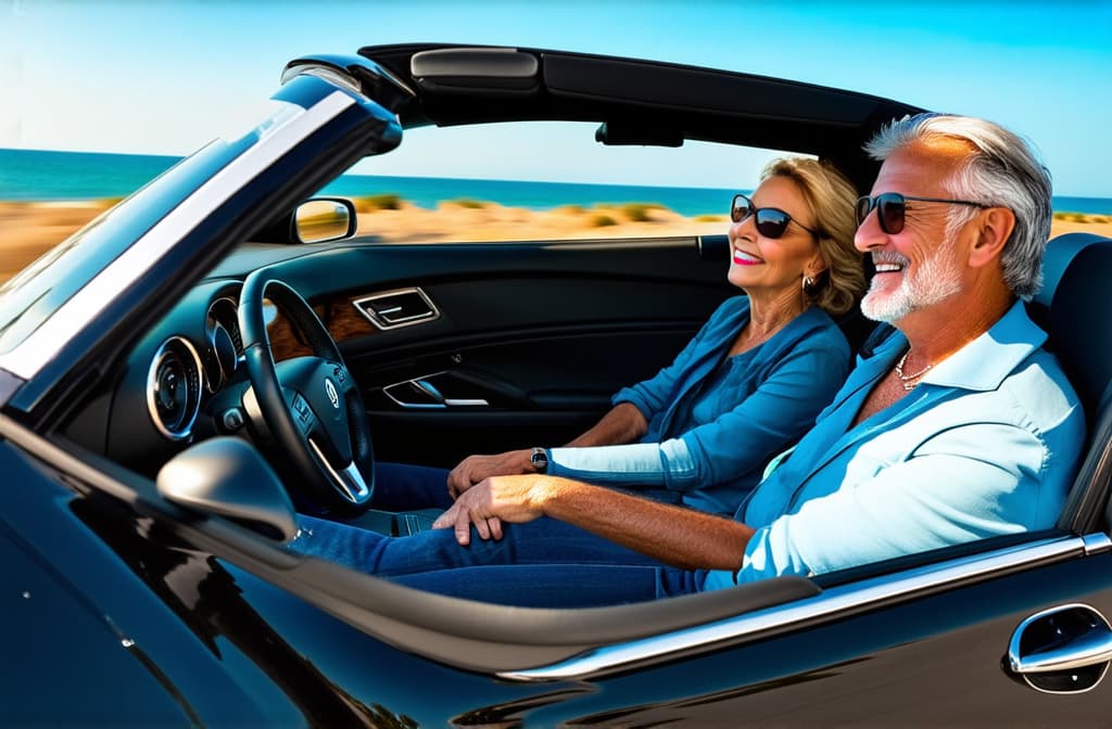  stylish senior couple man and woman in front seat driving convertible car on road along seaside on trip ar 3:2 {prompt}, maximum details