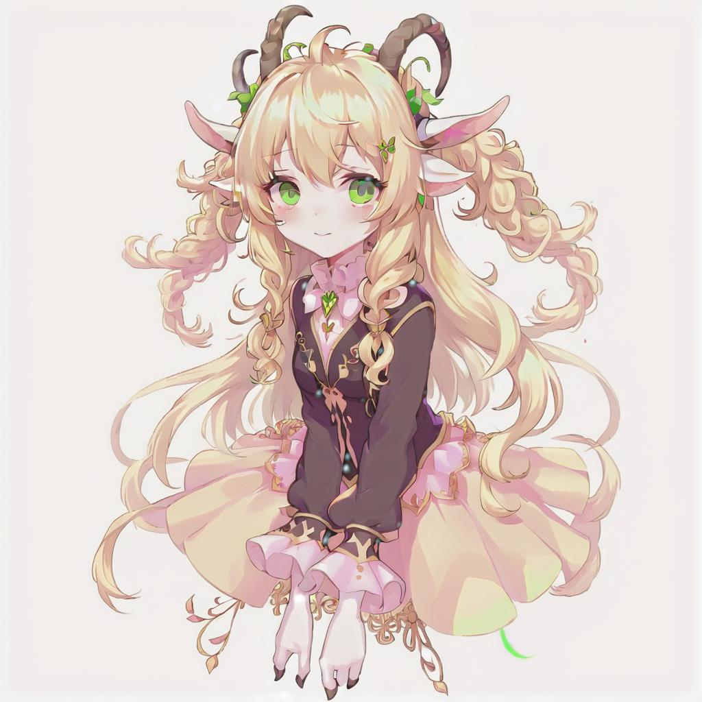  anime artwork anthropomorphic goat, blonde, long hair, curls, bangs, dressed in fairy core style, green eyes. a picture is an avatar for vitubing, neutral color background, pink blush . anime style, key visual, vibrant, studio anime, highly detailed