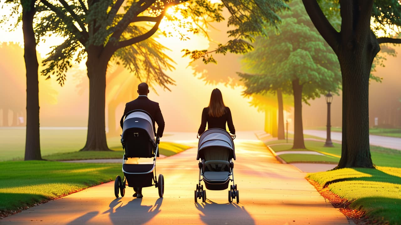  a serene park scene featuring a parent pushing a stroller with a inside, while a slightly older walks beside them, showcasing a peaceful transition from stroller to walking. bright, sunny day. hyperrealistic, full body, detailed clothing, highly detailed, cinematic lighting, stunningly beautiful, intricate, sharp focus, f/1. 8, 85mm, (centered image composition), (professionally color graded), ((bright soft diffused light)), volumetric fog, trending on instagram, trending on tumblr, HDR 4K, 8K