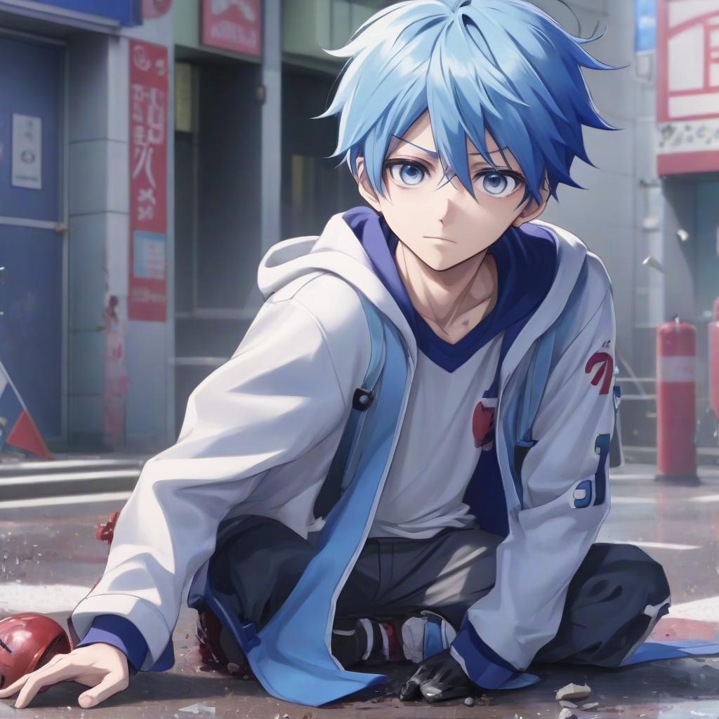  the main character, kaito hanada, an ordinary japanese student with blue hair, is involved in an accident