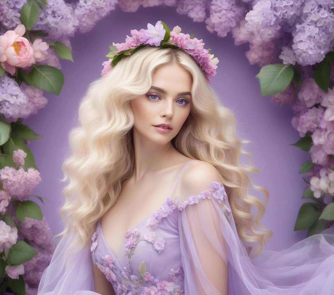  a woman with long curly hair adorned with a floral wreath, dressed in a lilac gown, is set against a soft, floral background. a beautiful white woman with blond hair hanging down wearing a vaporous bright lilac tuille and silk dress. and pink flower headpiece