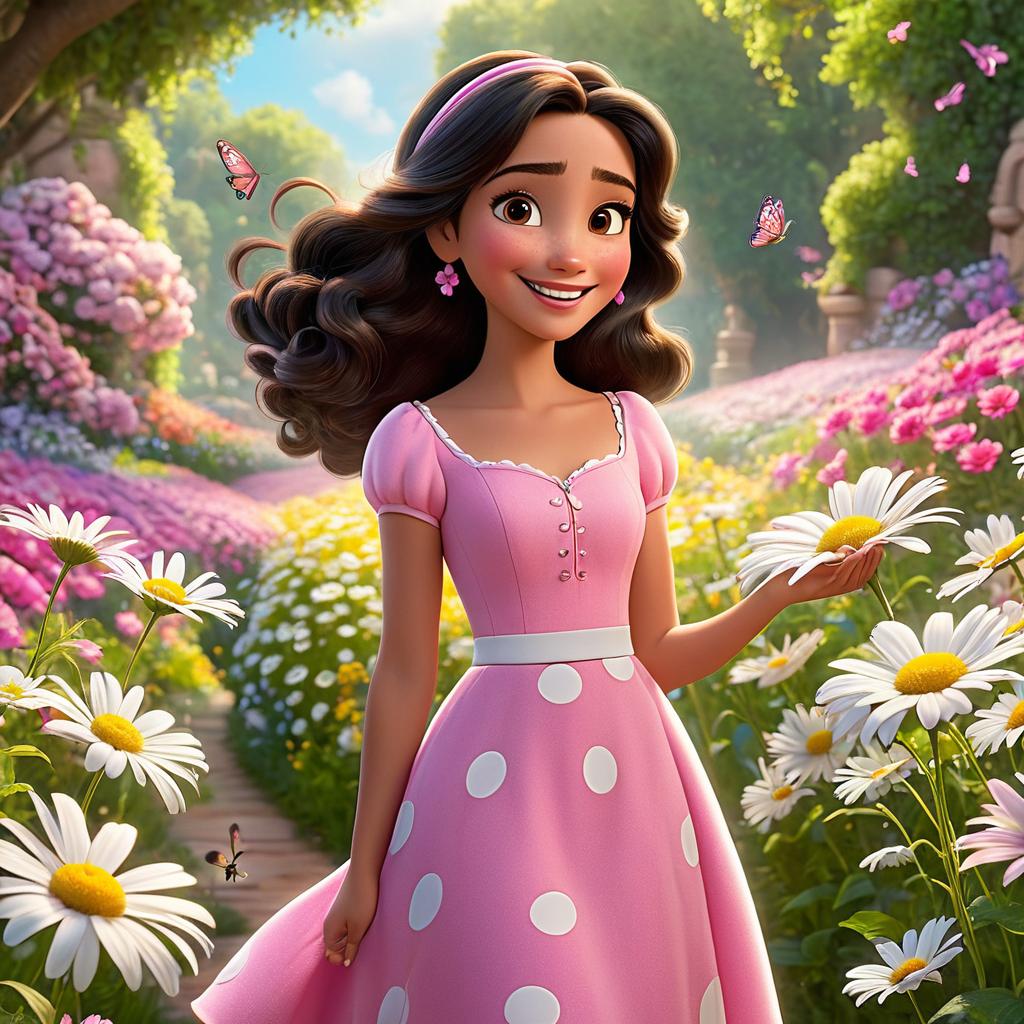  in 3d animated movie style. disney pixar style. jasmin, old in a pink dress with white polka dots, parks setting with colorful flowers, erflies, joyful atmosphere, pixar 3d animated style, bright pinks, greens, yellows, soft lighting, medium close up shot capturing jasmin's happiness picking daisies and chasing erflies, focusing on swirling flowers and her joyful expression.