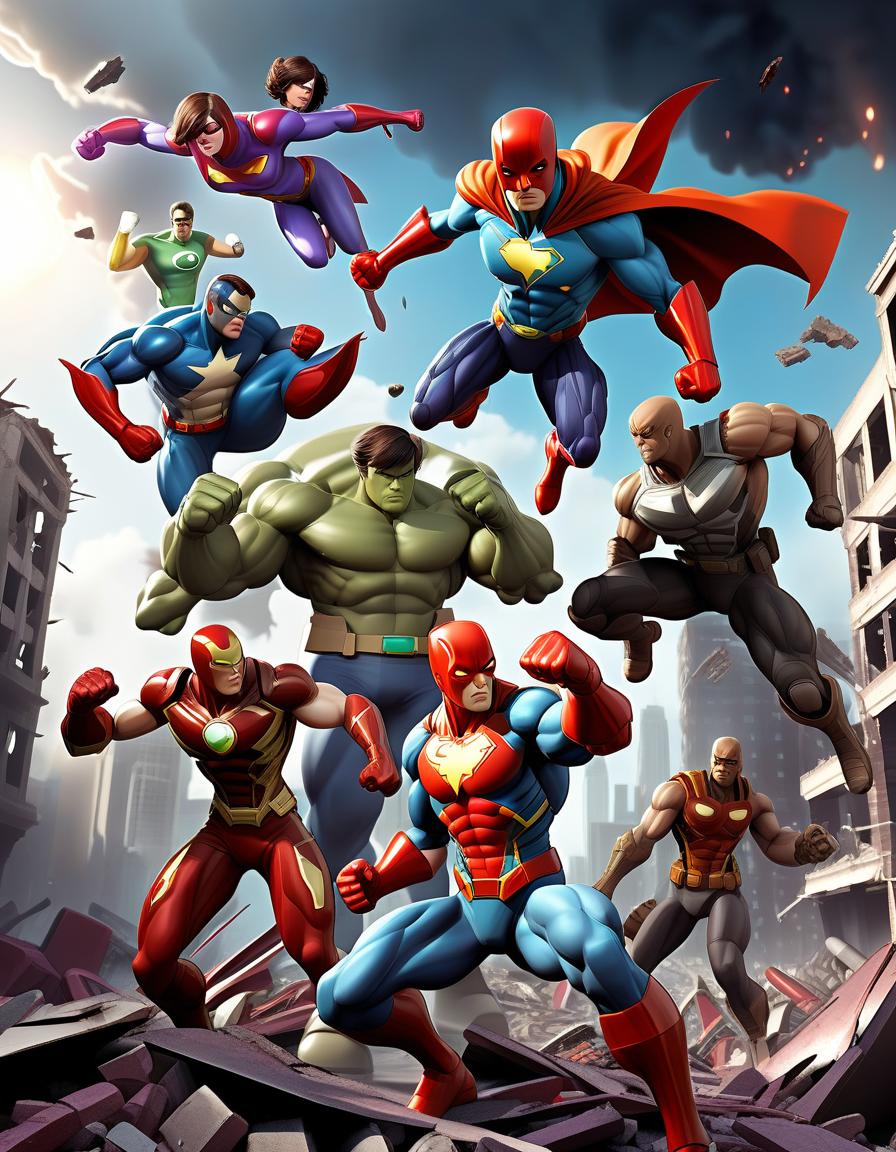  fighting game style a team of superheroes in a fighting pose: a group of characters, each with their own unique costume and style. they stand against the background of the destroyed city, and in the sky you can see a huge spacecraft. . dynamic, vibrant, action packed, detailed character design, reminiscent of fighting video games