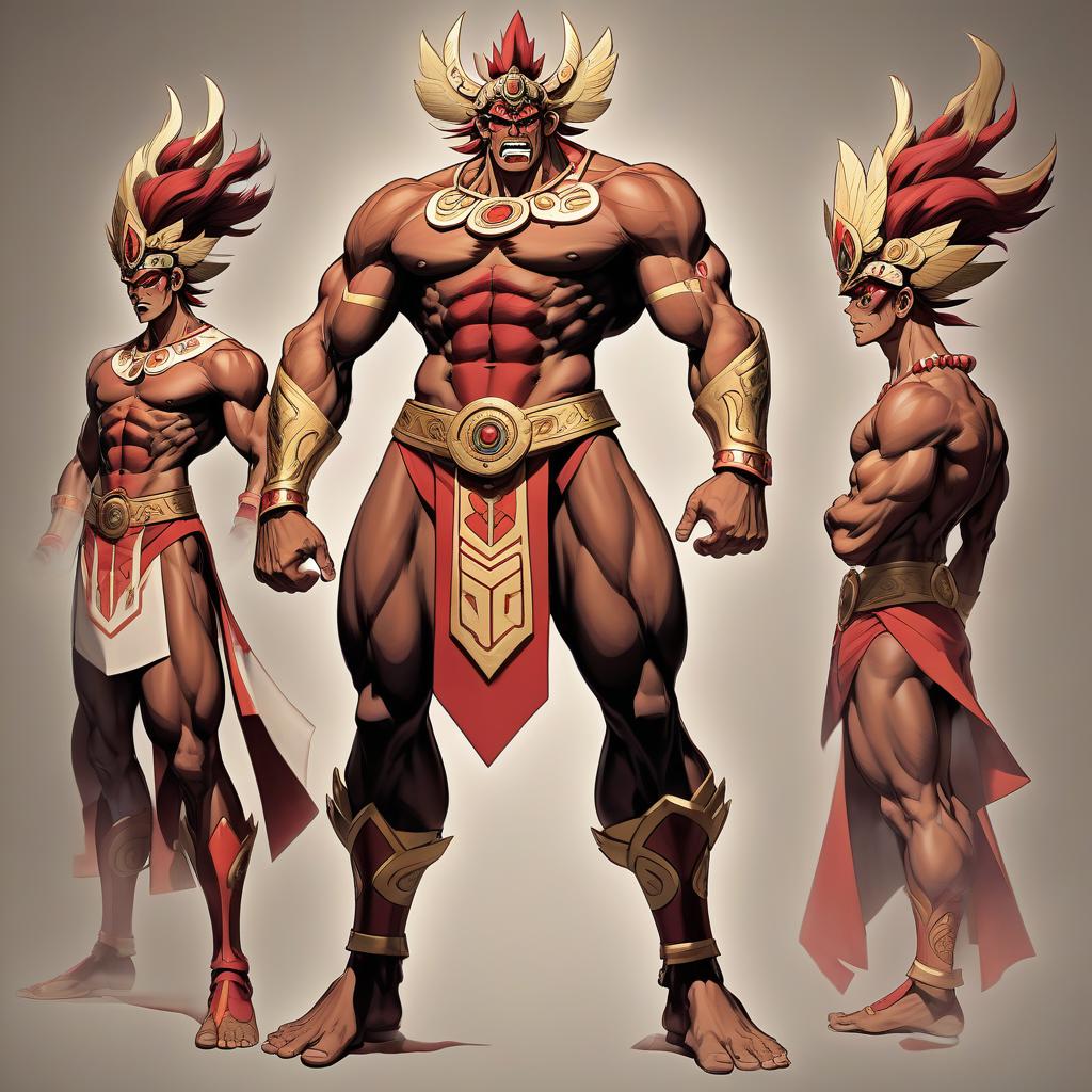  visualization of power as a person, full height, characteristic power posture, characteristic power physique, severe facial expression, characteristic power hairstyle, characteristic power dress, male character, aztec style, mature age, similar to lorgenom of gurren laggan, realism