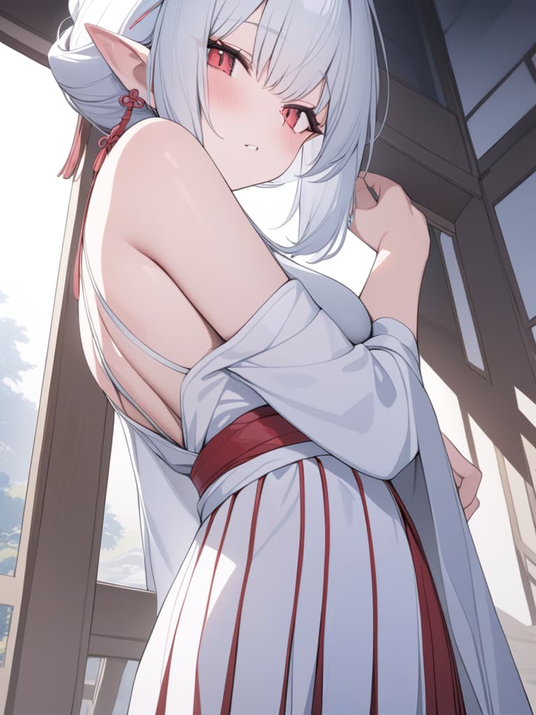  there are horns, girls, sharp ears, hakama, hanging, short hair, white hair, dragon's daughter, red and white hakama, red eyes, black horns, masterpiece, best quality,8k,ultra detailed,high resolution,an extremely delicate and beautiful,hyper detail