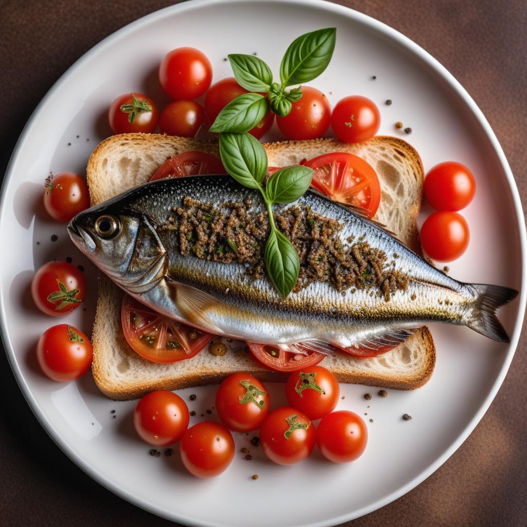  realistic close up portrait meal photo of (((Toast with tomato and smoked sardine))), with (Sardine, Pink sliced, Whole wheat bread, Black pepper), ((served in a white plate)), ((with white background)), (((Healthy Eating Plate))), (((Harvard Eating Plate))), ((food photography)), with macro lens, shallow depth of field, highly detailed, natural lighting, natural colors, photorealism, Canon EOS R3, nikon, f/1.4, ISO 200, 1/160s, 8K, RAW, unedited, in-frame hyperrealistic, full body, detailed clothing, highly detailed, cinematic lighting, stunningly beautiful, intricate, sharp focus, f/1. 8, 85mm, (centered image composition), (professionally color graded), ((bright soft diffused light)), volumetric fog, trending on instagram, trending on tumblr, HDR 4K, 8K