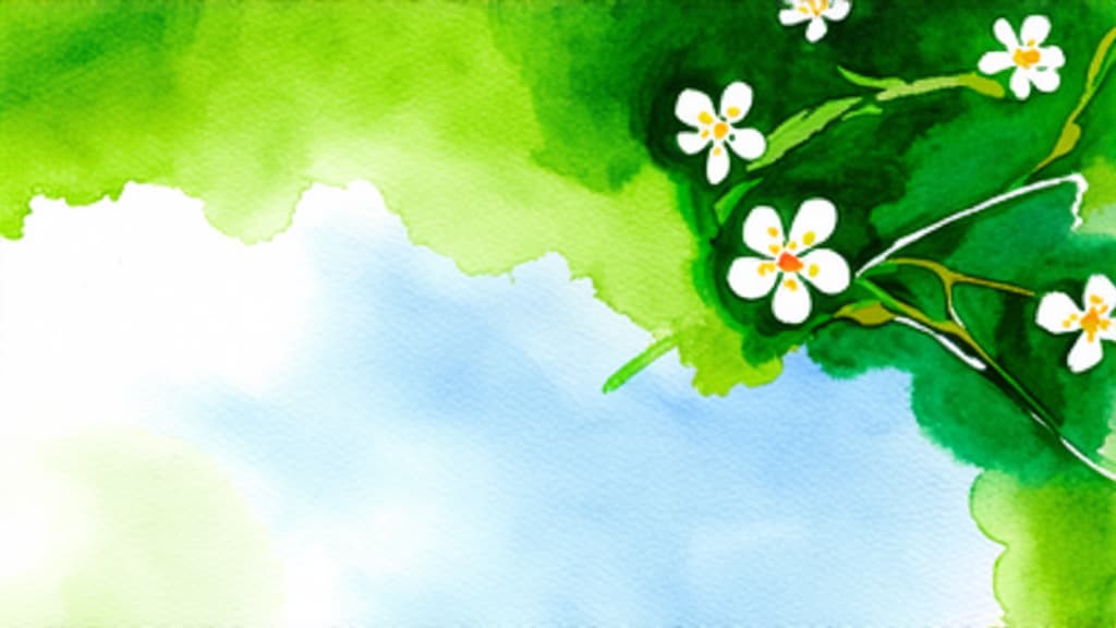  artwork light photo in green tones, spring, everything is blooming and coming to life, wallpaper, flowers in the foreground, blue sky ar 16:9, watercolor techniques, featuring fluid colors, subtle gradients, transparency associated with watercolor art