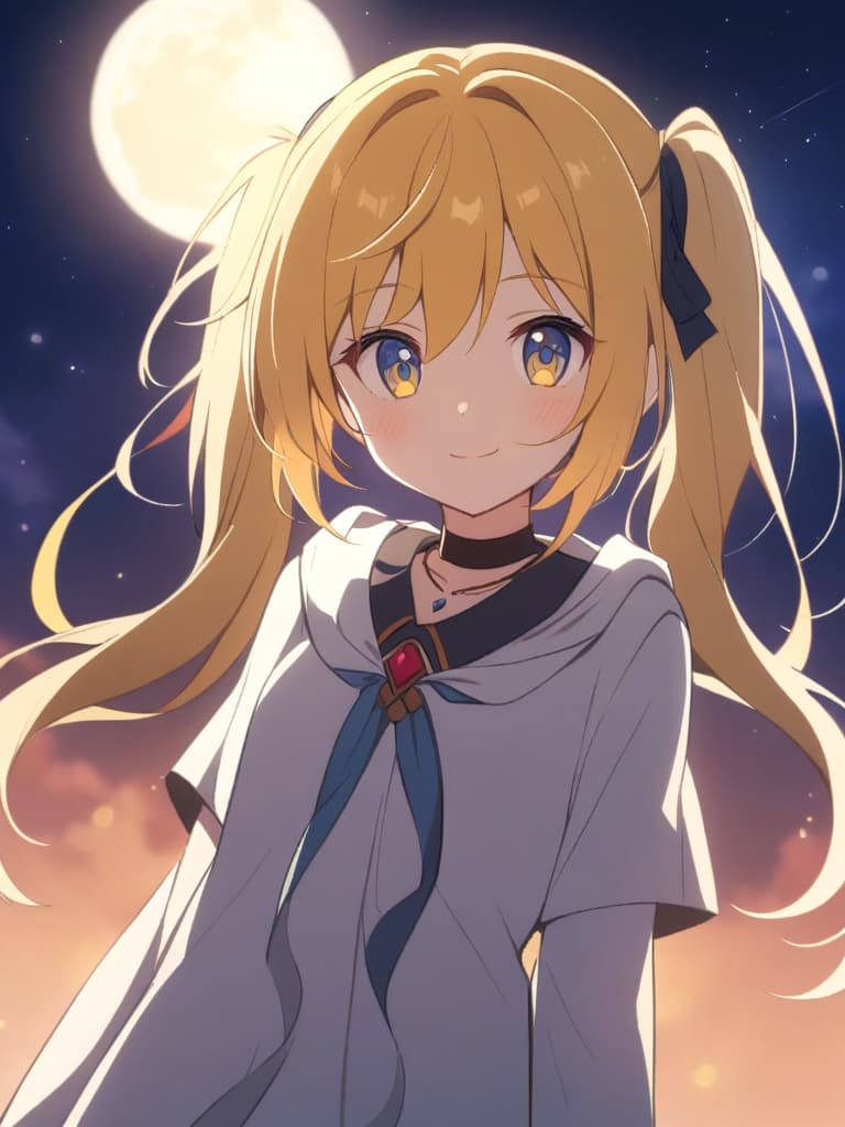  1 woman, uniform,posing,standing,skinny body shape,upper body,cute face,smiling, smile,twin tail,yellow hair,deepskyblue eyes,looking at viewer,moon,necklace,ribbon,fantasy,anime style