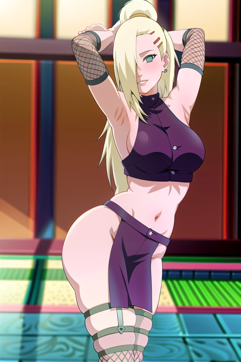  (yamanaka ino:1.2), hair down,(masterpiece, best quality:1.2), ilration, absurdres, highres, extremely detailed,fat mons, ,game cg a is standing and one leg up and a boy is ing her and holding her legs ((standing split on body)), towel,