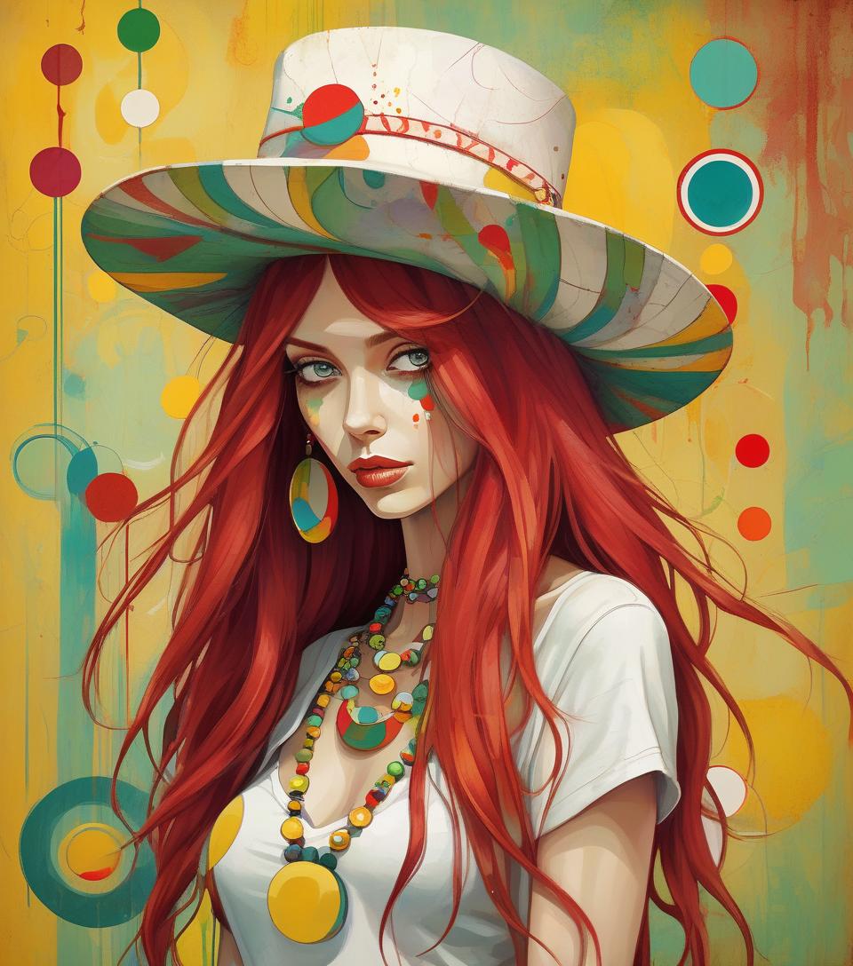  grunge style oil painting, beautiful lady in abstract style, long red hair, white bizarre hat with colorful circles, multicolored necklaces, earrings, yellow striped green background abstract vector fractal, wave function, zentangle, 3d shading . textured, distressed, vintage, edgy, punk rock vibe, dirty, noisy