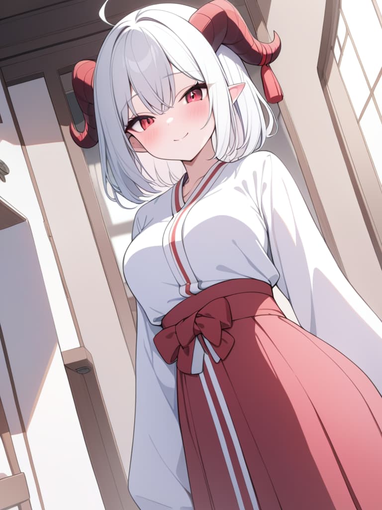  there are horns, girls, sharp ears, hakama, hits, short hair, white hair, dragon's daughter, red and white hakama, red eyes, cute, smiles, cheerful, masterpiece, best quality,8k,ultra detailed,high resolution,an extremely delicate and beautiful,hyper detail