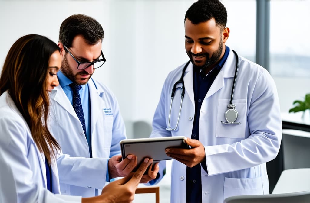  professional detailed photography, multiethnic doctors engaged in collaborative medical consultation, discuss patient disease diagnose or treatment plan, reviewing information, focusing on tablet. teamwork, modern tech in healthcare ar 3:2, (muted colors, dim colors, soothing tones), (vsco:0.3)