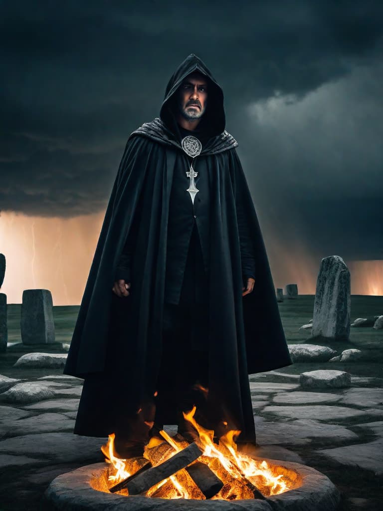  Pagan warlock, facing viewer, wearing a hooded cloak, his face hardened, eyes cold, a scar runs down the left side of his face; standing at an alter, conjuring a fire elemental from within Stonehenge during a thunder and lightning storm