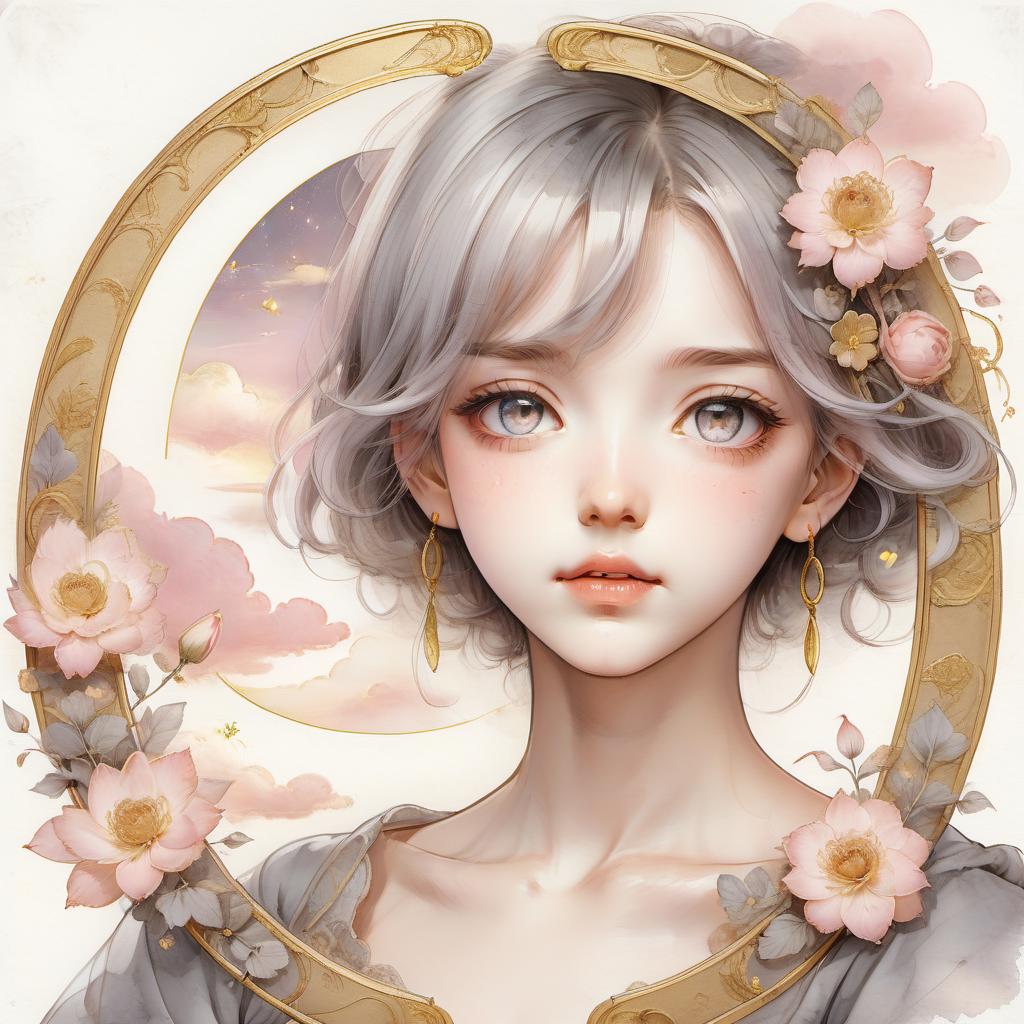  anime artwork the face of the girl in an oval frame with gold drawings on the oval of three half arcs, in the frame of oval flowers on the frame, the portrait of the girl is made in delicate pink and gray tones, watercolor, in the background the sky and clouds, a blurred background. . anime style, key visual, vibrant, studio anime, highly detailed, on parchment