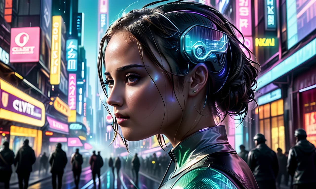  (masterpiece, digital art: 1.3), a very complex double exposure drawing inspired by yuumei, (alicia vikander) superimposed on a busy city street, cyberpunk aesthetics, cgsociety trend, multiple exposure technique, texture overlay with luminous holographic elements, technicolor color palette, bright city lights illuminating the scene, reminiscent of color the gamut of the matrix movie on pinterest, high definition images, colorful fairy tale atmosphere, carefully crafted details in digital art, futuristic and vivid, exciting visual storytelling., civitai, glowneon