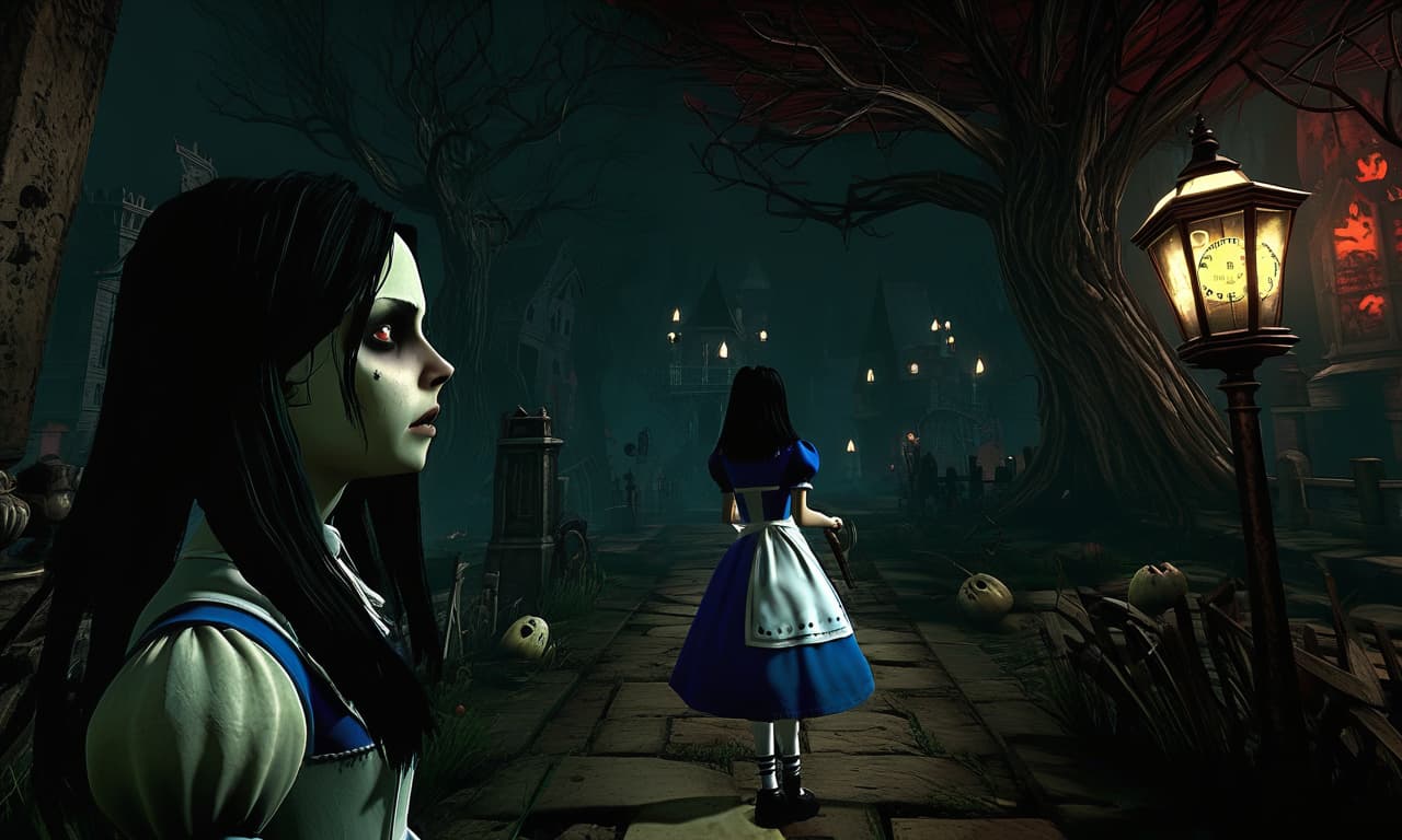  horror themed alice: madness returns . eerie, unsettling, dark, spooky, suspenseful, grim, highly detailed