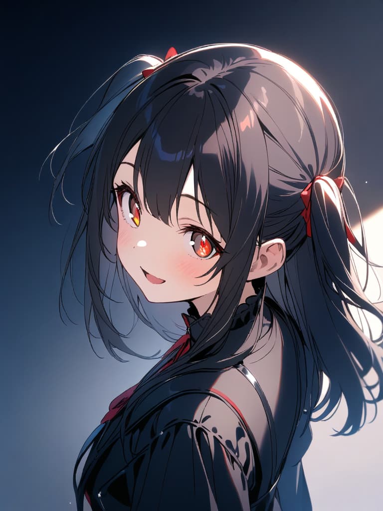  ultra detailed:1.2,masterpiece:1.2,best quality,masterpiece,bestquality,hdr:1.1,8k:1.1,very cute girl:1.3,((black hair,half up,long hair:1.9)),((two side up,twintail:1.4)),(red eyes,almond eyes:1.8),(cute smile:1.7),(harf open mouth:1.4),(upper body,from side:1.2),(from above:1.2),(black gothic lolita:1.6),looking away