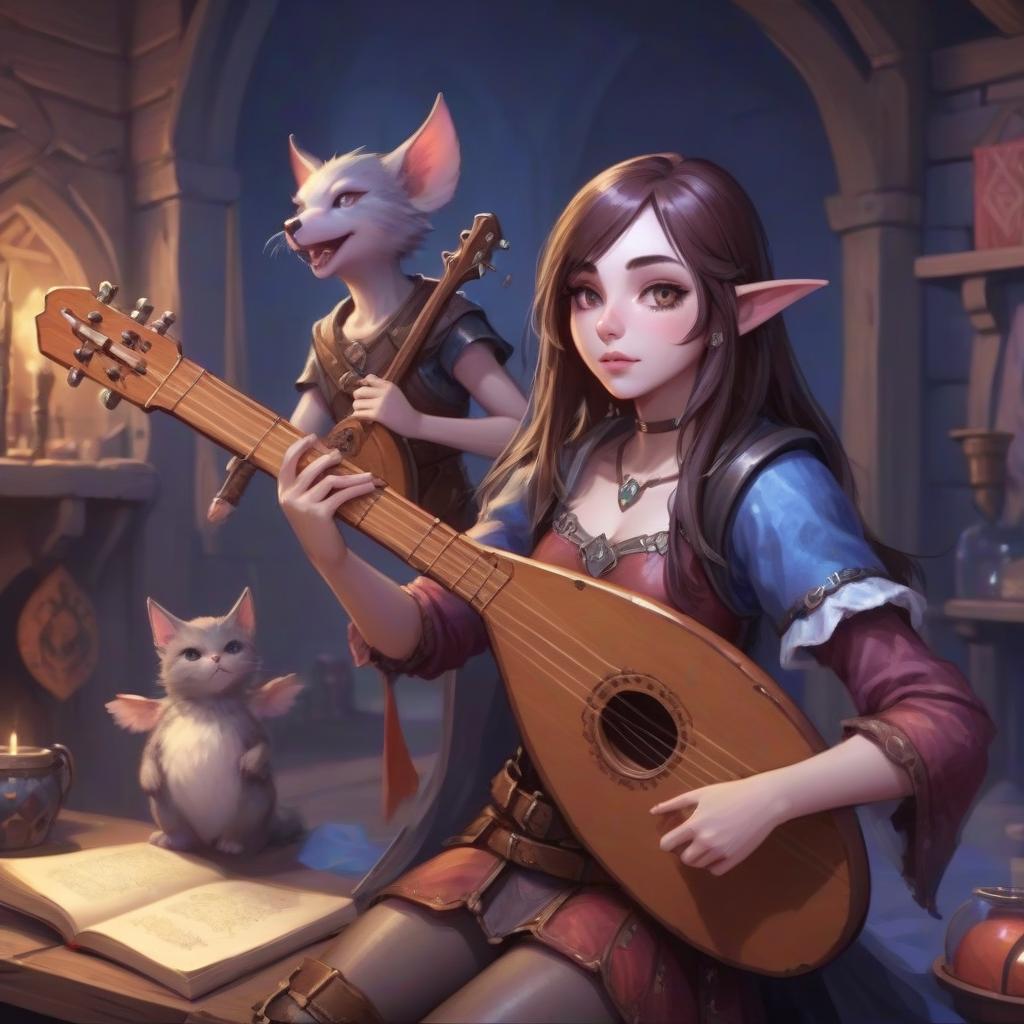  role playing game (rpg) style fantasy girl with a lute in her hand . detailed, vibrant, immersive, reminiscent of high fantasy rpg games