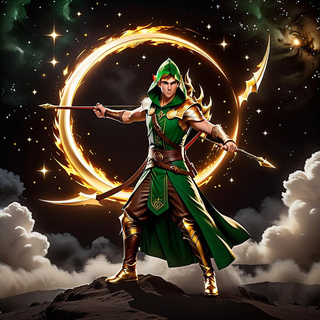  cinematic photo realism style. very precise detail. the full length image is located within the frame. double plan. image in a fire gold patterned frame made in celtic style. (nearby plan). image vector from left to right. an elf archer dressed in a white shirt, brown sleeveless and green cape with a hood shoots from a bow. in the sky you can see stars, comets and galaxies. (second plan). vector left to right. a dragon with a golden skin flies in the black sky. the golden dragon has two golden wings on its back and carries a scroll with golden letters in its paw. . 35mm photograph, film, bokeh, professional, 4k, highly detailed, glowneon, on parchment