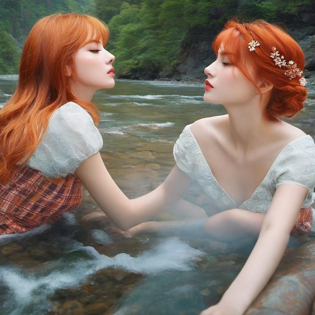  ethereal fantasy concept art of three red headed girls kissing in the river under the mountains not wearing any clothes exposing their privates and each other. magnificent, celestial, ethereal, painterly, epic, majestic, magical, fantasy art, cover art, dreamy