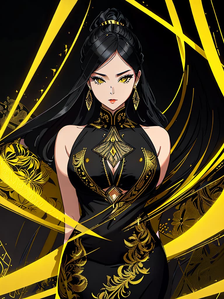  Golden yellow and sleek black color palette, captivating and inviting expression, exuding elegance and charm, magnetic beauty, intricate details, high contrast, luxurious feel, digital art, female, glossy finish, striking composition, dynamic lighting to enhance features.