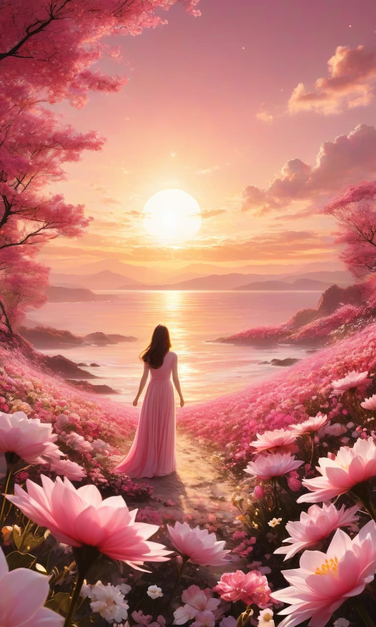  concept art color pink, white, black, gold the sun is huge, the sunset, the sea of flowers, a very large sun with rays . digital artwork, illustrative, painterly, matte painting, highly detailed, perfect hands