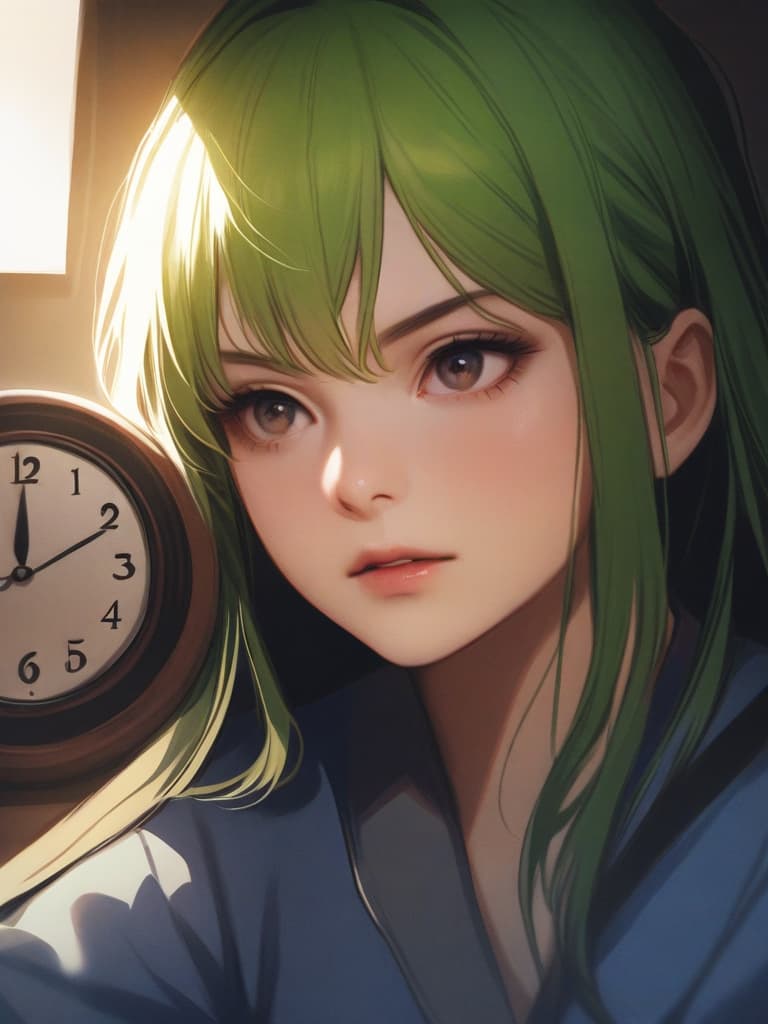  green hair,(((the clock is ticking))),dark tic,realistic