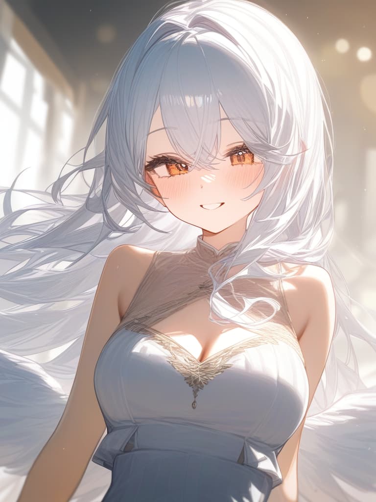  white hair, angel, cute girl, long hair, smile, masterpiece, best quality,8k,ultra detailed,high resolution,an extremely delicate and beautiful,hyper detail