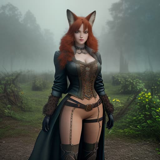   fluffy, ruins, vines, flowers, , redhead, female anthropomorphic fox, red fur, fluffy s, unique haircut, big fluffy tail, long hair, pose, suit, fashionable trousers, neckline, Victorian clothes, smile, steampunk, realism, hyperrealism, atmospheric haze, film grain, cinematic frame, shallow depth of field, high detail, high budget, moody, epic, general detail, gorgeous, photorealistic, hidden camera, cinematic color rendering, attention grabbing light, atmospheric lighting, skin pores, imperfections, natural, high sharpness, Photorealistic, Hyperrealistic, Hyperdetailed, analog style, demure, detailed skin, pores, smirk, smiling eyes, matte skin, soft lighting, subsurface scattering, realistic, heavy shadow, masterp hyperrealistic, full body, detailed clothing, highly detailed, cinematic lighting, stunningly beautiful, intricate, sharp focus, f/1. 8, 85mm, (centered image composition), (professionally color graded), ((bright soft diffused light)), volumetric fog, trending on instagram, trending on tumblr, HDR 4K, 8K
