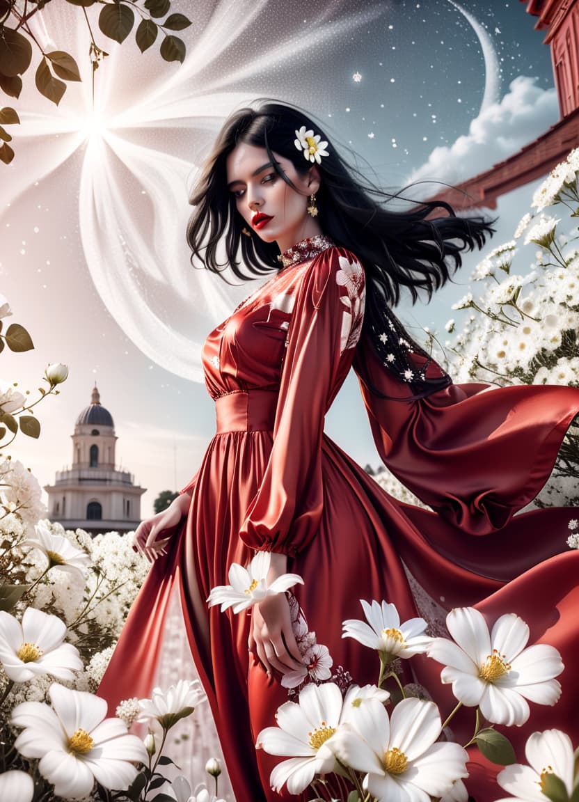  fashion editorial style a girl in a red silk dress, in the foreground white flowers, black hair, a large bust, white sleeves with a pattern, against a starry sky. . high fashion, trendy, stylish, editorial, magazine style, professional, highly detailed, perfecteyes, civitai, glowneon