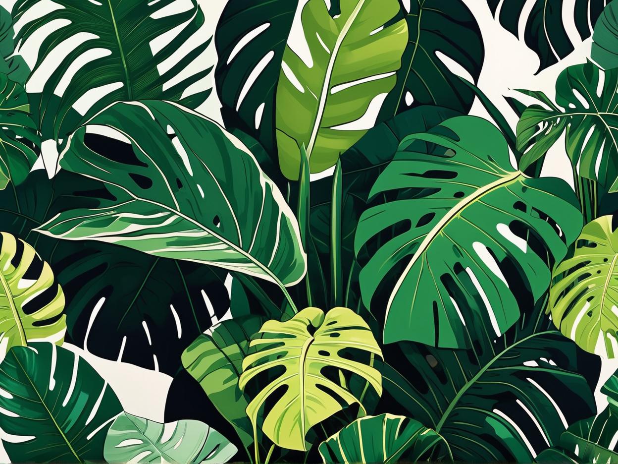  minimalism, the scene displays a lush, tropical landscape, filled with a dense arrangement of broad, green leaves from various types of tropical plants. the foliage consists of large banana leaves, palm fronds, and possibly monstera leaves, creating a rich, textured canopy that feels both vibrant and calming. the variety of green shades, along with the natural layering of the plants, conveys a deep, almost jungle like atmosphere, reminiscent of a serene, thriving tropical rainforest., abstract, simple geometic shapes, hard edges, sleek contours, minimalism