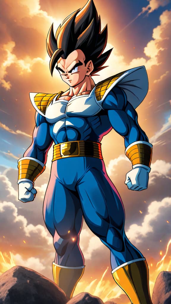  anime art: vegeta in ultra ego form, showcasing immense power and determination to outshine goku. hyperrealistic, full body, detailed clothing, highly detailed, cinematic lighting, stunningly beautiful, intricate, sharp focus, f/1. 8, 85mm, (centered image composition), (professionally color graded), ((bright soft diffused light)), volumetric fog, trending on instagram, trending on tumblr, HDR 4K, 8K