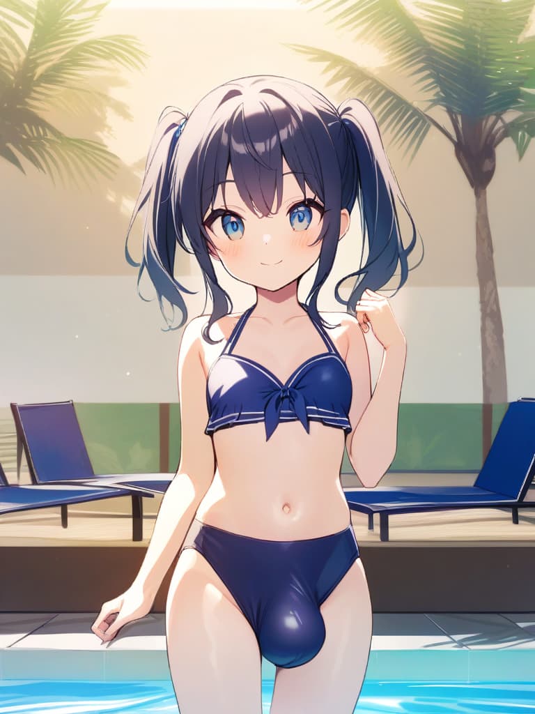  women's elementary students, twin tails, rich smiles, cute smiles, navy blue swimwear, old swimwear, swimwear, simple, male, shaped clear , shaped clear, clear stem, shaped crisp, male bulge,, front. the whole body, pool side,