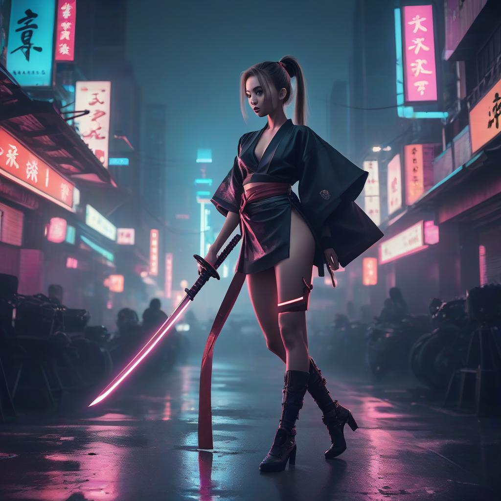  a slender athletic girl with long legs, very high heeled shoes, in her hand a long samurai katana sword, hair tied in a ponytail, in the style of japanese cyberpunk, in bangkok, photo below, in the style of christopher nolan, high quality photography, in an epic pose, glowneon