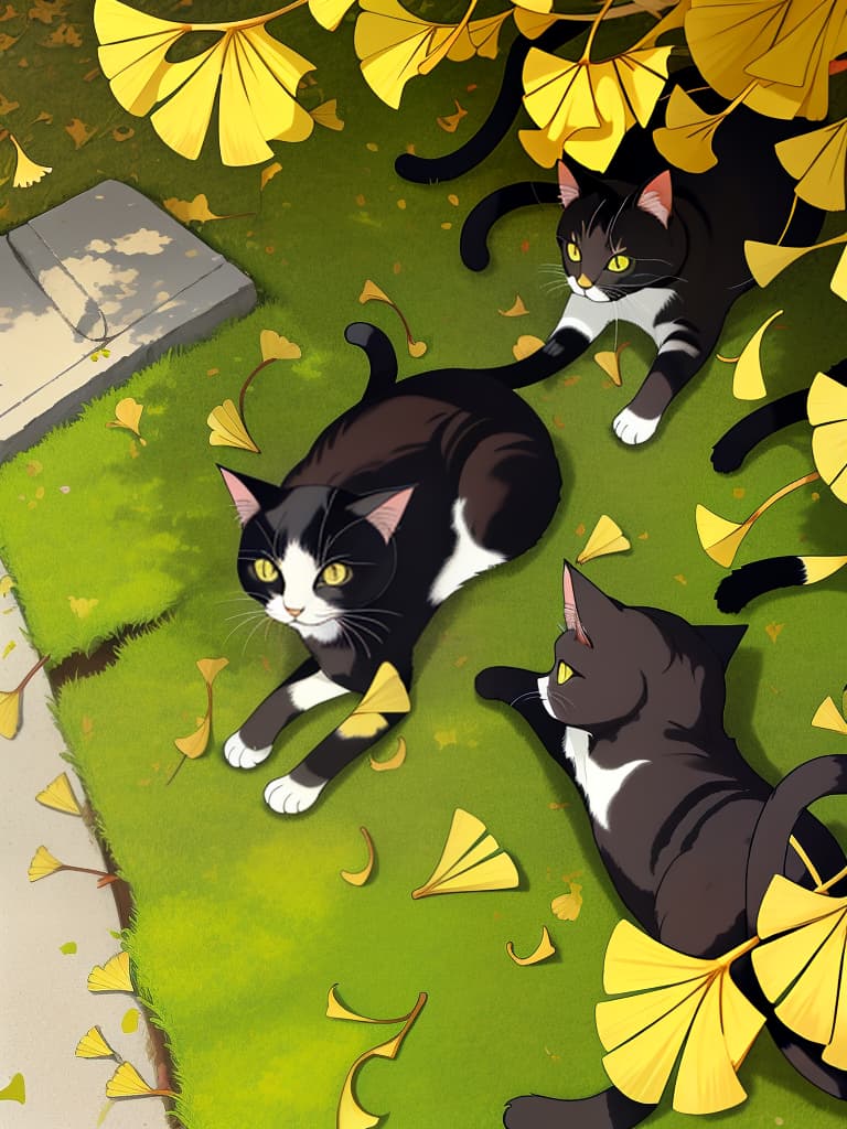  1cat ,japanese cat,cat sleeping on fallen leaves,falling ginkgo leaves,ginkgo forest,midday sunshine,