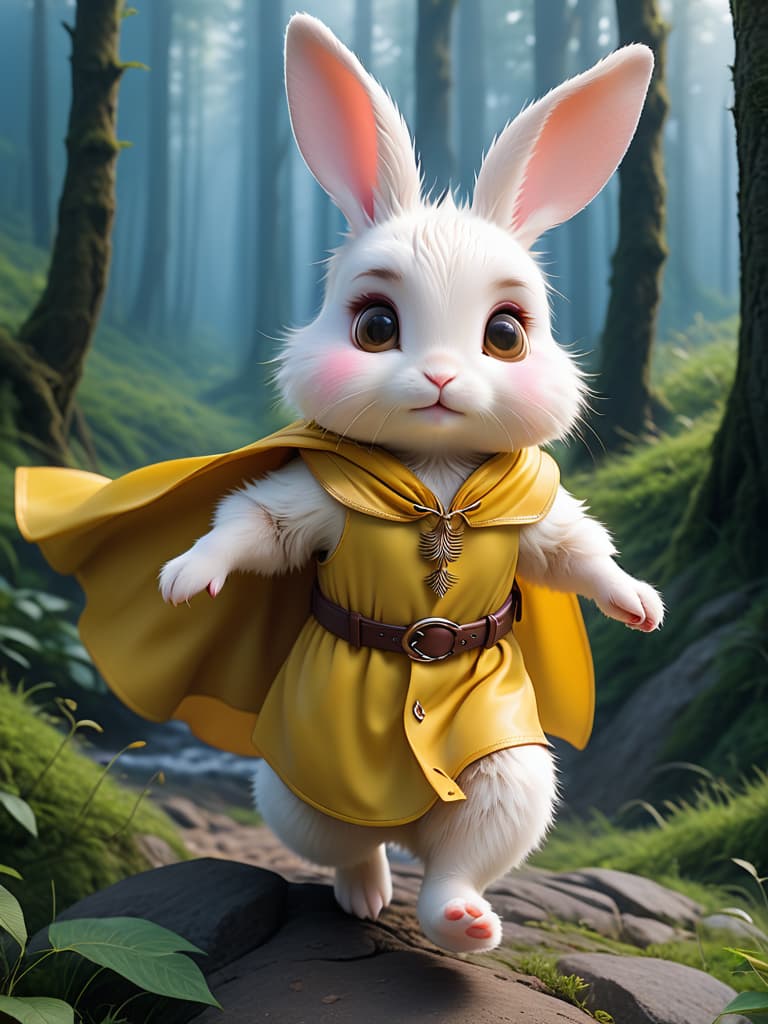  in the woods, rabbits leap in the air, with their ears windy, near the hedgehog, a small, hairy, white rabbit with bright eyes and pink noses. it wears a bright yellow cape, a small, round hedgehog, a brown coloured prick on its back, and a few timid eyes。 photo realistic, highly intricate and detailed, masterpiece, ultra high res,photography,8k resolution