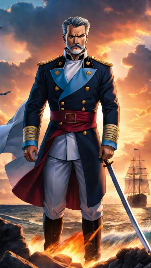  anime art: vice admiral garp faces a soul crushing dilemma during the battle of marineford, torn between love and duty. hyperrealistic, full body, detailed clothing, highly detailed, cinematic lighting, stunningly beautiful, intricate, sharp focus, f/1. 8, 85mm, (centered image composition), (professionally color graded), ((bright soft diffused light)), volumetric fog, trending on instagram, trending on tumblr, HDR 4K, 8K