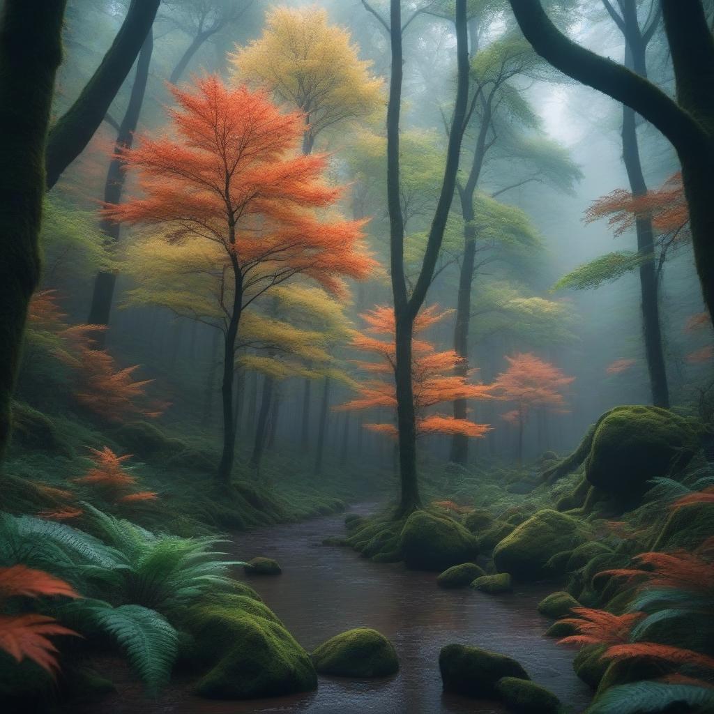  Beautiful deserted forest landscape, rain hyperrealistic, full body, detailed clothing, highly detailed, cinematic lighting, stunningly beautiful, intricate, sharp focus, f/1. 8, 85mm, (centered image composition), (professionally color graded), ((bright soft diffused light)), volumetric fog, trending on instagram, trending on tumblr, HDR 4K, 8K