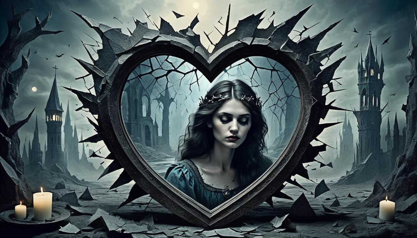  on parchment, surrealism+++, a reflection of a shattered heart in a broken mirror, jagged shards, moonlight casting eerie shadows, regret and sorrow(mysterious, provocative, symbolic,muted color)+++