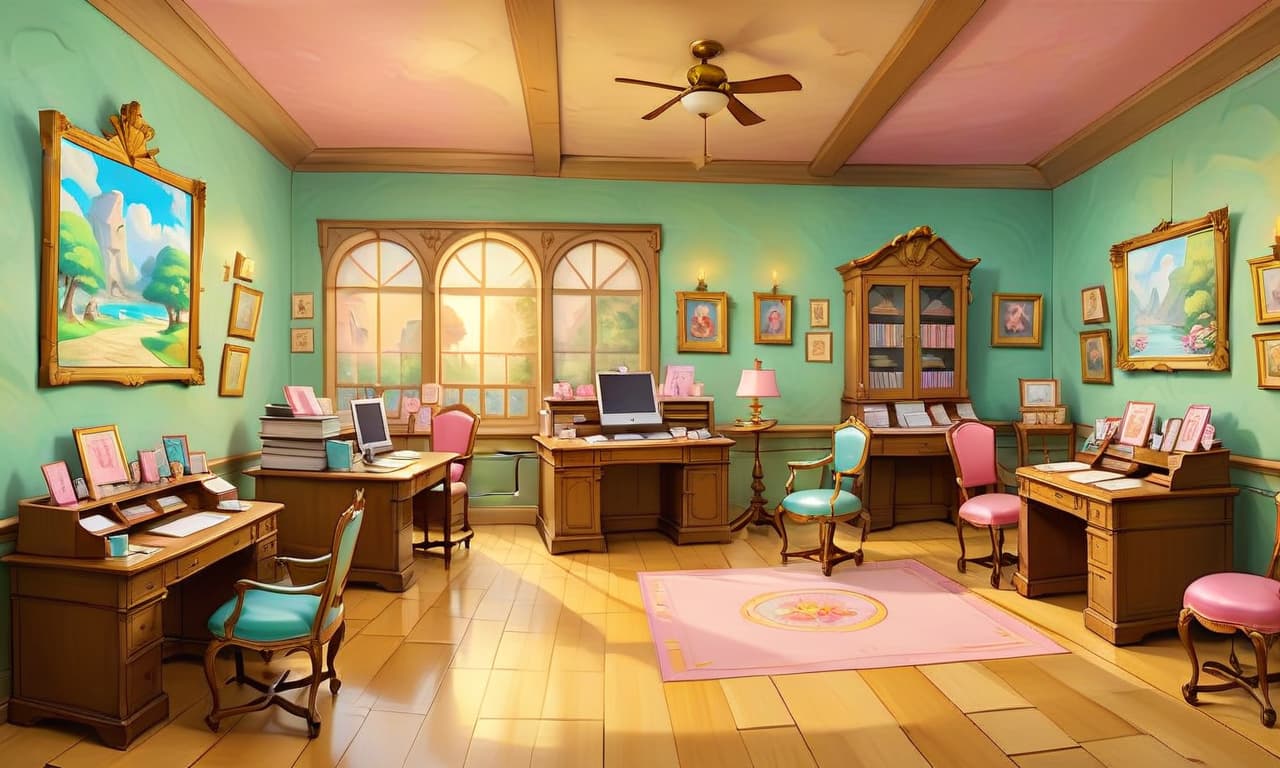  kawaii style furnished office of the aristocrat, the floor is parquet, on the walls of the room paintings in expensive frames, paintings in oil paint, walls of stone, the ceiling is painted with painting, in the background one fireplace, few candles in candelabras illuminate the room, the room is illuminated only by candles and fireplace, in the room is twilight, there are no windows, shadows, reflections in the parquet . cute, adorable, brightly colored, cheerful, anime influence, highly detailed, on parchment, oil painting