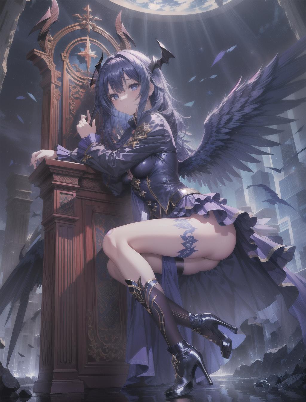  masterpiece, best quality, solo, soft sleepy expression, frail body, dark blue eyes, long blue messy hair falling into eyes, long throne, barely visible wings, thigh high heels, skirt, demon wings, tattoos