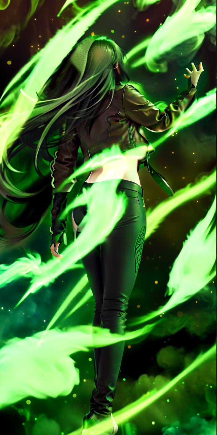  ethereal fantasy concept art of back view, girl, black tight fitting pants with a cut on the side, long black hair, leather jacket, around green clouds of smoke. . magnificent, celestial, ethereal, painterly, epic, majestic, magical, fantasy art, cover art, dreamy, perfecteyes, hkmagic, glowneon