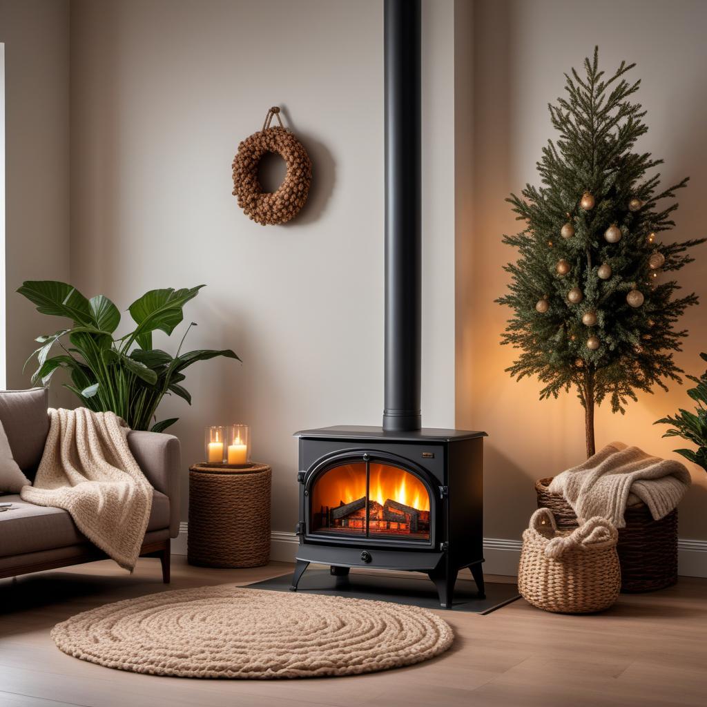  A cozy living room featuring a glowing log burner, emanating warmth and safety. The scene includes an open vent to ensure proper airflow. The room is decorated with comfortable furniture, soft blankets, and warm lighting. A rug is placed on the wooden floor, and there are a few plants in the background. The overall ambiance is inviting and homely, perfect for relaxation during a chilly evening. hyperrealistic, full body, detailed clothing, highly detailed, cinematic lighting, stunningly beautiful, intricate, sharp focus, f/1. 8, 85mm, (centered image composition), (professionally color graded), ((bright soft diffused light)), volumetric fog, trending on instagram, trending on tumblr, HDR 4K, 8K