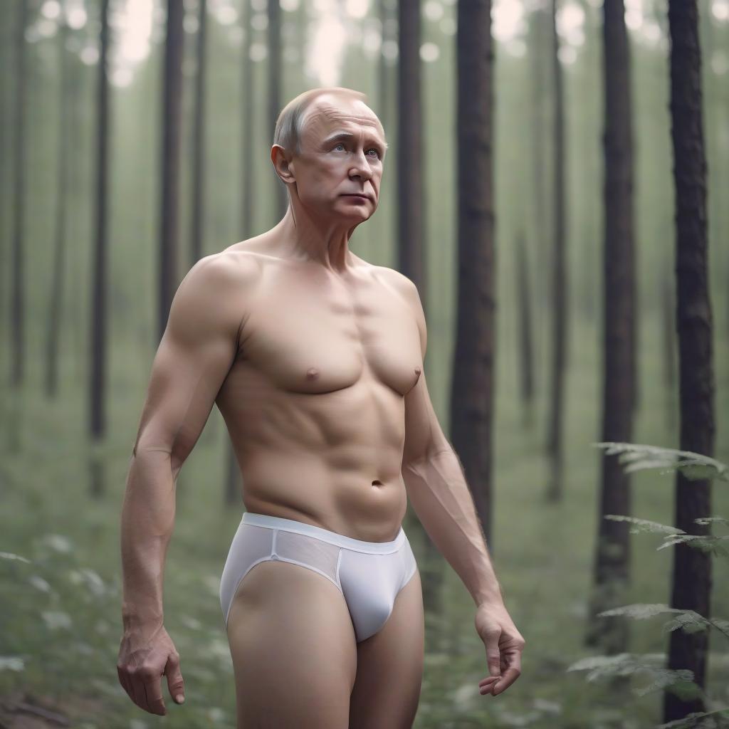  cinematic photo russian president in underwear against forest . 35mm photograph, film, bokeh, professional, 4k, highly detailed