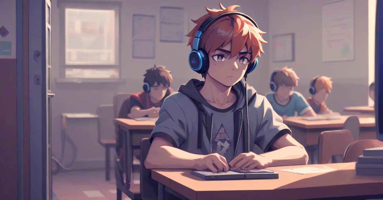  pixel art anime boy with headphones and he sits in school alone in a coredo . low res, blocky, pixel art style, 8 bit graphics