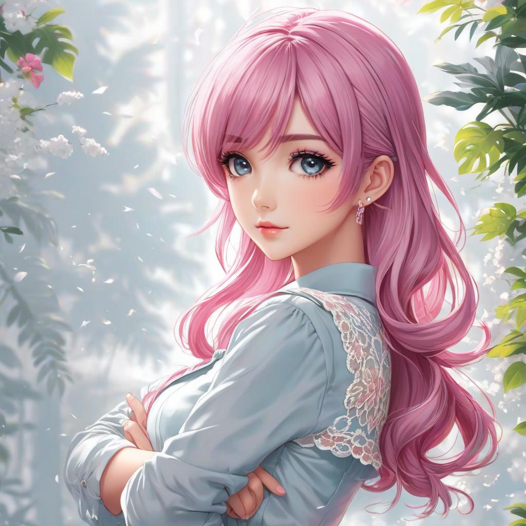   . big . gray eyes. pink hair. tiny lace . hands crossed behind back. bashful expression. full body., anime artwork, anime style, key visual, vint, studio anime, highly detailed