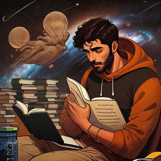  brown guy, space, writer, books, texts