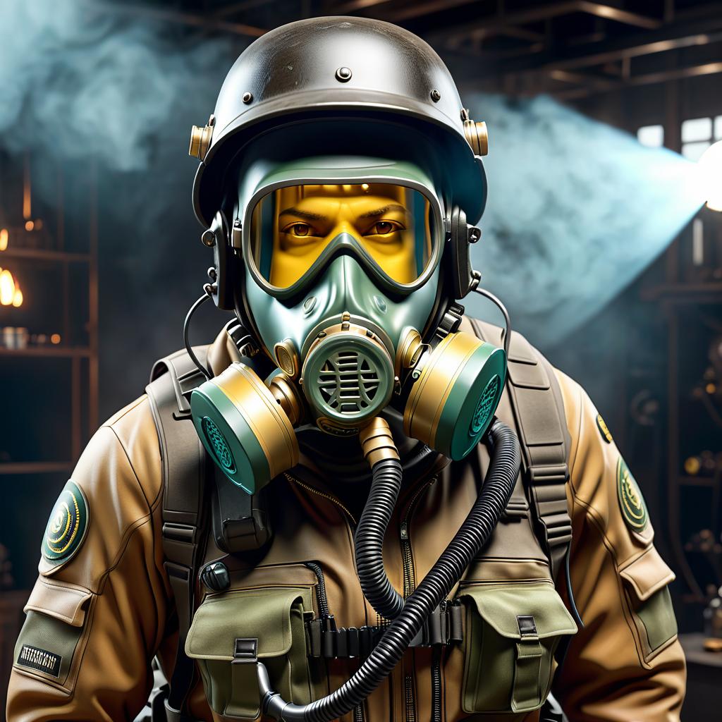  professional 3d model solder with gas mask . octane render, highly detailed, volumetric, dramatic lighting, film photography style hyperrealistic, full body, detailed clothing, highly detailed, cinematic lighting, stunningly beautiful, intricate, sharp focus, f/1. 8, 85mm, (centered image composition), (professionally color graded), ((bright soft diffused light)), volumetric fog, trending on instagram, trending on tumblr, HDR 4K, 8K