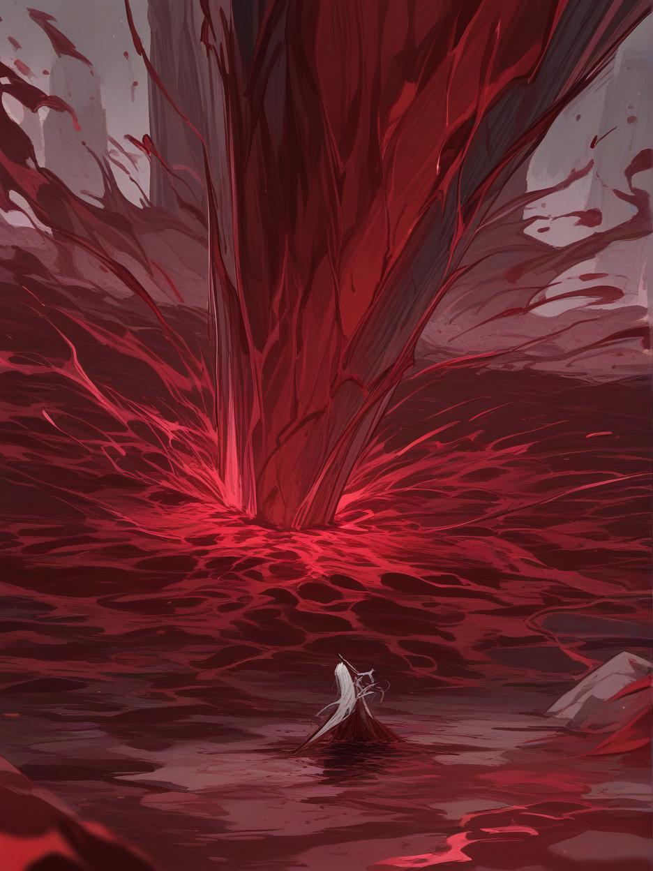  create for me an image of a giant blood sword, it is stuck in the ground with blood swirling around it. the red sand floor being pushed by the swirling force of blood and crystals in the background, with clear skies. . best quality, high resolution